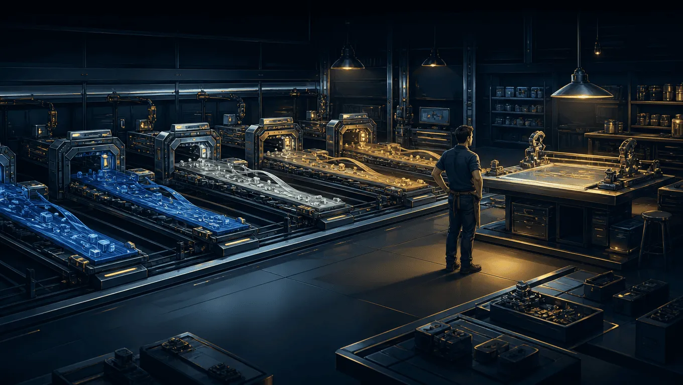 An engineer oversees several software work streams moving through a customer-owned factory toward one review bench.