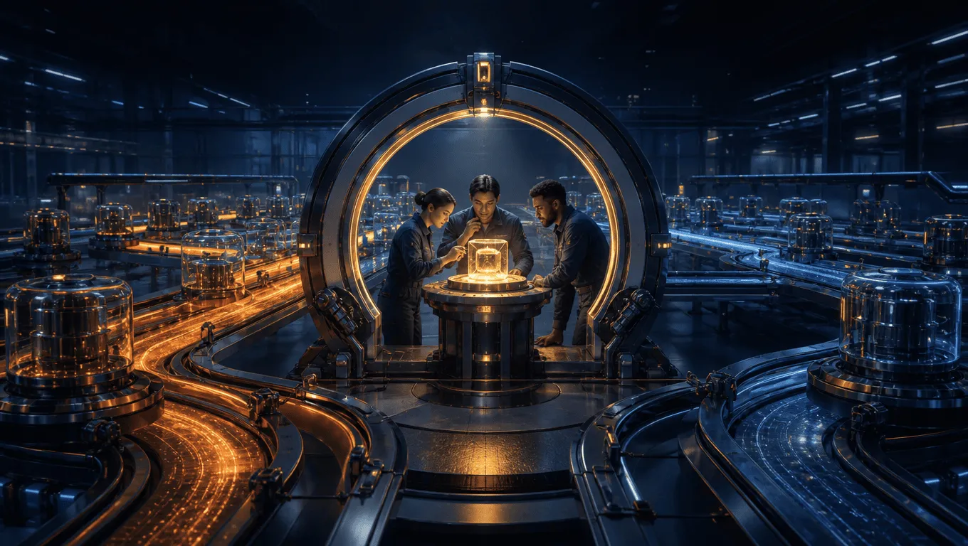 Engineers inspect workflow evidence at a customer-controlled approval checkpoint while automated work waits around them.